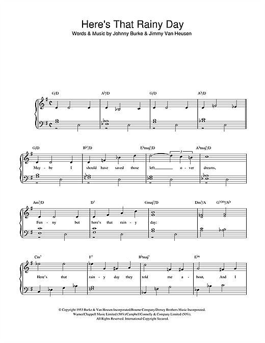 Preview Jimmy Van Heusen Here's That Rainy Day Jazz sheet music, notes and chords for Beginner Piano, SKU: 32326 sheet music, piano notes, chords, guitar tabs, score, transpose, transcribe, how to play, guide, download, learn, tutorial, progression, song, artist, awards, billboard, mtv, vh1, tour, single, album, release