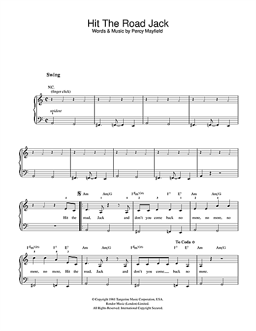Preview Ray Charles Hit The Road Jack Jazz sheet music, notes and chords for Beginner Piano, SKU: 32327 sheet music, piano notes, chords, guitar tabs, score, transpose, transcribe, how to play, guide, download, learn, tutorial, progression, song, artist, awards, billboard, mtv, vh1, tour, single, album, release