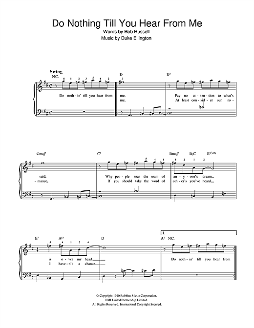 Preview Duke Ellington Do Nothin' Till You Hear From Me (Concerto For Cootie) Jazz sheet music, notes and chords for Beginner Piano, SKU: 32332 sheet music, piano notes, chords, guitar tabs, score, transpose, transcribe, how to play, guide, download, learn, tutorial, progression, song, artist, awards, billboard, mtv, vh1, tour, single, album, release