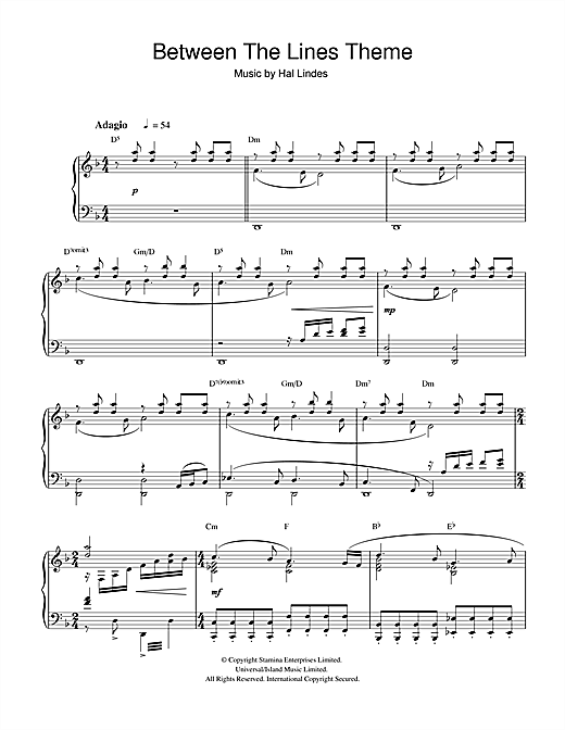 Preview Hal Lindes Between The Lines Theme Film and TV sheet music, notes and chords for Piano, SKU: 32336 sheet music, piano notes, chords, guitar tabs, score, transpose, transcribe, how to play, guide, download, learn, tutorial, progression, song, artist, awards, billboard, mtv, vh1, tour, single, album, release
