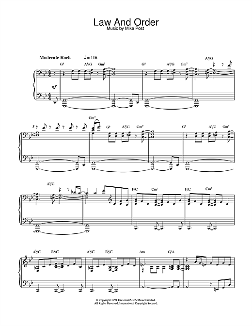 Preview Mike Post Theme from Law And Order Film and TV sheet music, notes and chords for Piano, SKU: 32337 sheet music, piano notes, chords, guitar tabs, score, transpose, transcribe, how to play, guide, download, learn, tutorial, progression, song, artist, awards, billboard, mtv, vh1, tour, single, album, release