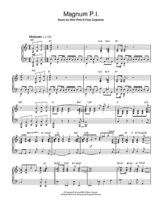 Preview Mike Post Magnum P.I. Film and TV sheet music, notes and chords for Piano, SKU: 32338 sheet music, piano notes, chords, guitar tabs, score, transpose, transcribe, how to play, guide, download, learn, tutorial, progression, song, artist, awards, billboard, mtv, vh1, tour, single, album, release