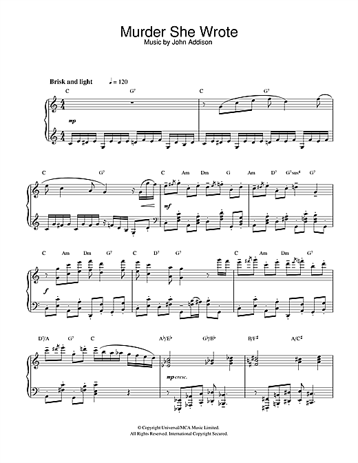 Preview John Addison Murder She Wrote Film and TV sheet music, notes and chords for Piano, SKU: 32339 sheet music, piano notes, chords, guitar tabs, score, transpose, transcribe, how to play, guide, download, learn, tutorial, progression, song, artist, awards, billboard, mtv, vh1, tour, single, album, release
