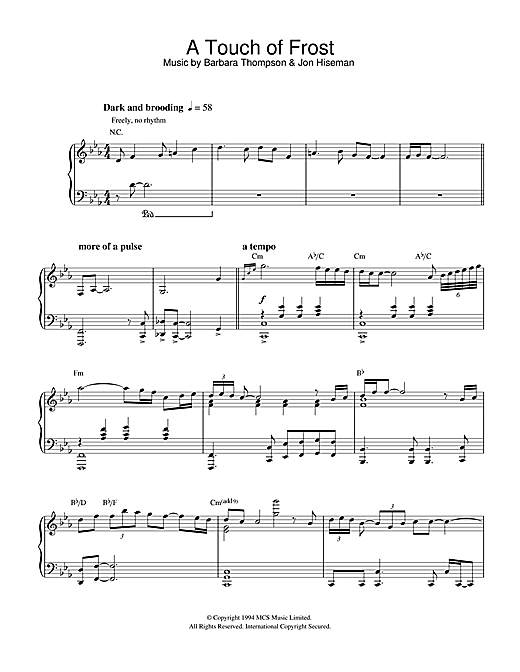 Preview Barbara Thompson A Touch Of Frost Film and TV sheet music, notes and chords for Piano, SKU: 32341 sheet music, piano notes, chords, guitar tabs, score, transpose, transcribe, how to play, guide, download, learn, tutorial, progression, song, artist, awards, billboard, mtv, vh1, tour, single, album, release