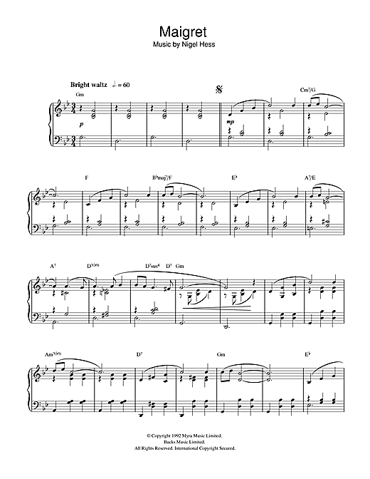 Preview Nigel Hess Maigret Film and TV sheet music, notes and chords for Piano, SKU: 32342 sheet music, piano notes, chords, guitar tabs, score, transpose, transcribe, how to play, guide, download, learn, tutorial, progression, song, artist, awards, billboard, mtv, vh1, tour, single, album, release