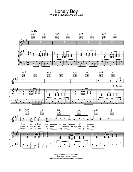 Preview Andrew Gold Lonely Boy Pop sheet music, notes and chords for Piano, Vocal & Guitar, SKU: 32346 sheet music, piano notes, chords, guitar tabs, score, transpose, transcribe, how to play, guide, download, learn, tutorial, progression, song, artist, awards, billboard, mtv, vh1, tour, single, album, release