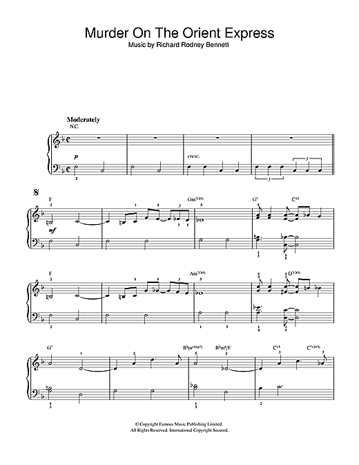 Preview Richard Rodney Bennett Murder On The Orient Express Film and TV sheet music, notes and chords for Easy Piano, SKU: 32347 sheet music, piano notes, chords, guitar tabs, score, transpose, transcribe, how to play, guide, download, learn, tutorial, progression, song, artist, awards, billboard, mtv, vh1, tour, single, album, release