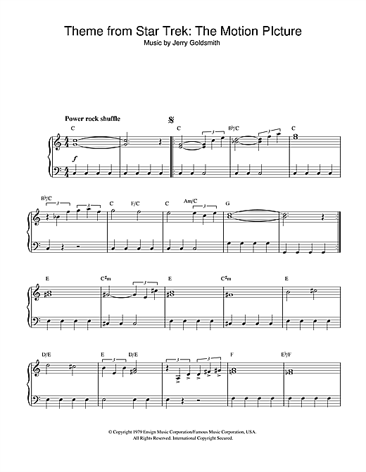 Preview Jerry Goldsmith Theme from Star Trek: The Motion Picture Film and TV sheet music, notes and chords for Easy Piano, SKU: 32349 sheet music, piano notes, chords, guitar tabs, score, transpose, transcribe, how to play, guide, download, learn, tutorial, progression, song, artist, awards, billboard, mtv, vh1, tour, single, album, release