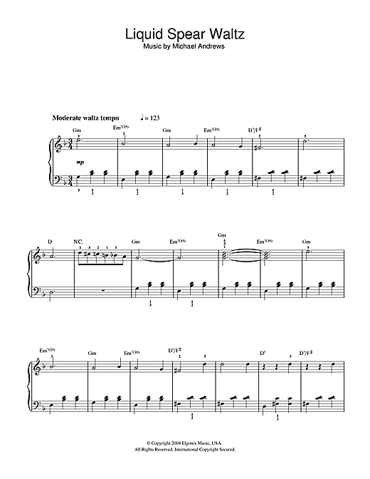 Preview Michael Andrews Liquid Spear Waltz (from Donnie Darko) Film and TV sheet music, notes and chords for Easy Piano, SKU: 32354 sheet music, piano notes, chords, guitar tabs, score, transpose, transcribe, how to play, guide, download, learn, tutorial, progression, song, artist, awards, billboard, mtv, vh1, tour, single, album, release