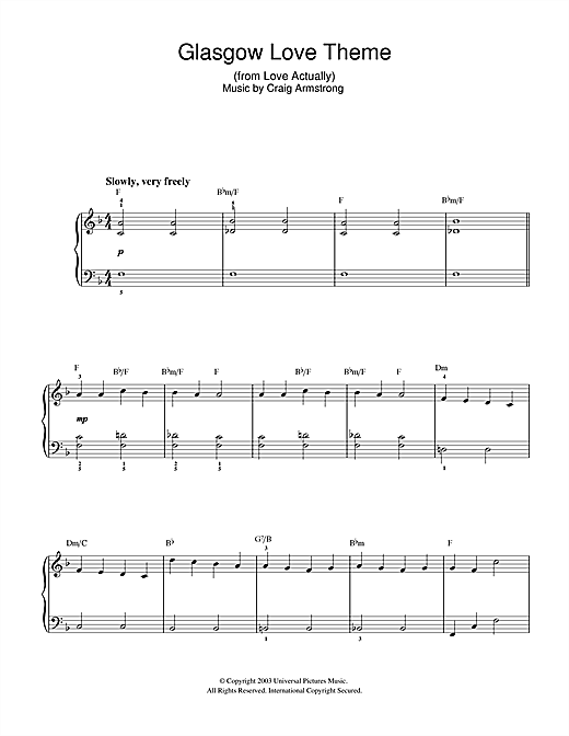 Preview Craig Armstrong Glasgow Love Theme (from Love Actually) Film and TV sheet music, notes and chords for Easy Piano, SKU: 32356 sheet music, piano notes, chords, guitar tabs, score, transpose, transcribe, how to play, guide, download, learn, tutorial, progression, song, artist, awards, billboard, mtv, vh1, tour, single, album, release