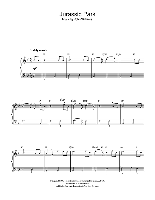 Preview John Williams Theme from Jurassic Park Film and TV sheet music, notes and chords for Easy Piano, SKU: 32358 sheet music, piano notes, chords, guitar tabs, score, transpose, transcribe, how to play, guide, download, learn, tutorial, progression, song, artist, awards, billboard, mtv, vh1, tour, single, album, release