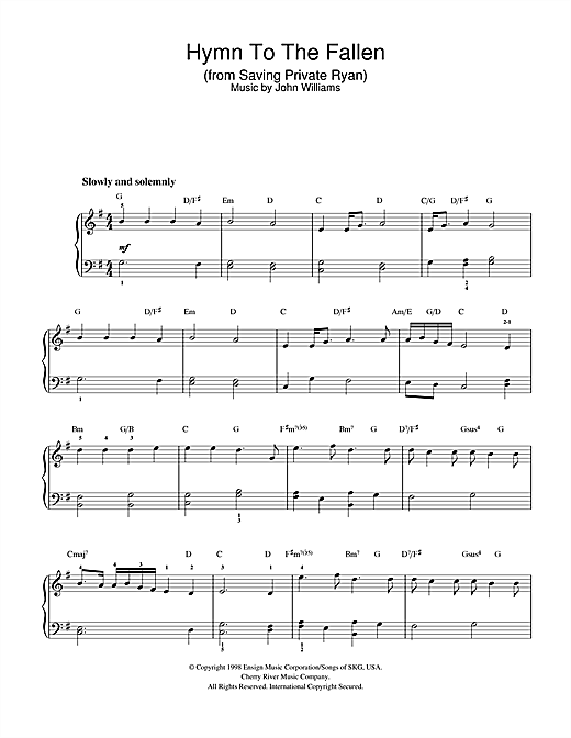 Preview John Williams Hymn To The Fallen (from Saving Private Ryan) Film and TV sheet music, notes and chords for Easy Piano, SKU: 32359 sheet music, piano notes, chords, guitar tabs, score, transpose, transcribe, how to play, guide, download, learn, tutorial, progression, song, artist, awards, billboard, mtv, vh1, tour, single, album, release
