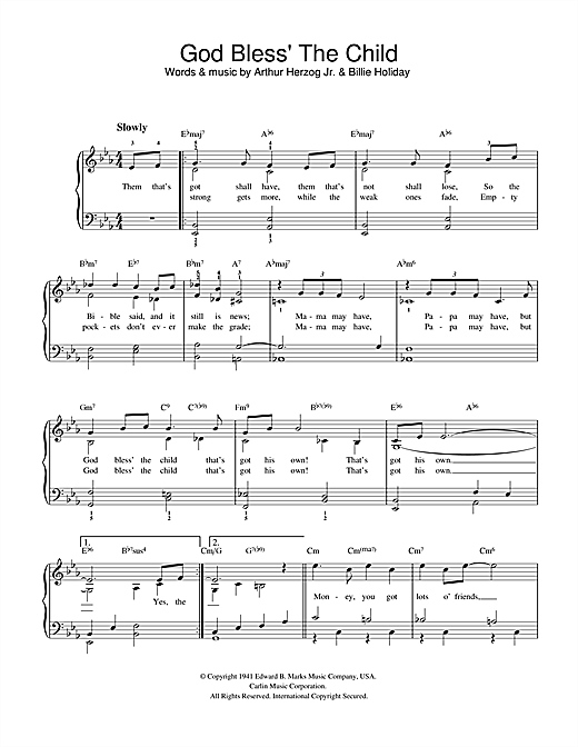 Preview Billie Holiday God Bless' The Child Jazz sheet music, notes and chords for Easy Piano, SKU: 32363 sheet music, piano notes, chords, guitar tabs, score, transpose, transcribe, how to play, guide, download, learn, tutorial, progression, song, artist, awards, billboard, mtv, vh1, tour, single, album, release