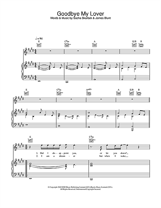 Preview James Blunt Goodbye My Lover Ballad sheet music, notes and chords for Piano, Vocal & Guitar, SKU: 32364 sheet music, piano notes, chords, guitar tabs, score, transpose, transcribe, how to play, guide, download, learn, tutorial, progression, song, artist, awards, billboard, mtv, vh1, tour, single, album, release