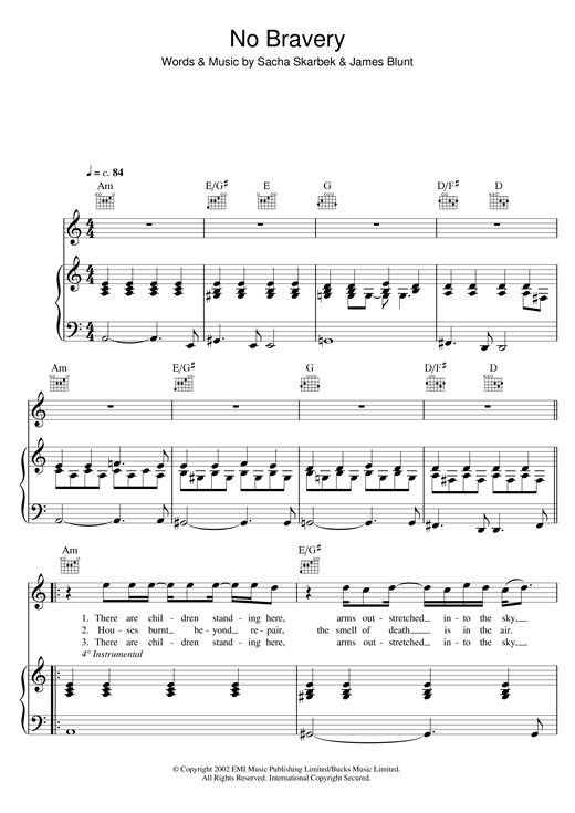 Preview James Blunt No Bravery Ballad sheet music, notes and chords for Piano, Vocal & Guitar, SKU: 32365 sheet music, piano notes, chords, guitar tabs, score, transpose, transcribe, how to play, guide, download, learn, tutorial, progression, song, artist, awards, billboard, mtv, vh1, tour, single, album, release