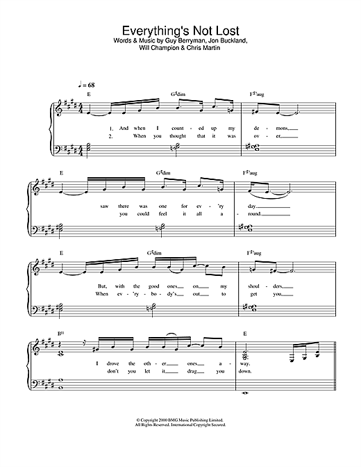 Preview Coldplay Everything's Not Lost Pop sheet music, notes and chords for Easy Piano, SKU: 32367 sheet music, piano notes, chords, guitar tabs, score, transpose, transcribe, how to play, guide, download, learn, tutorial, progression, song, artist, awards, billboard, mtv, vh1, tour, single, album, release