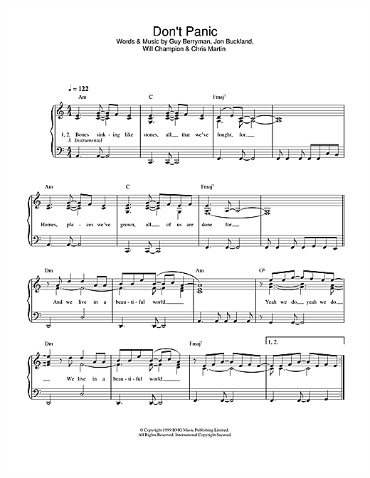 Preview Coldplay Don't Panic Alternative sheet music, notes and chords for Easy Piano, SKU: 32368 sheet music, piano notes, chords, guitar tabs, score, transpose, transcribe, how to play, guide, download, learn, tutorial, progression, song, artist, awards, billboard, mtv, vh1, tour, single, album, release