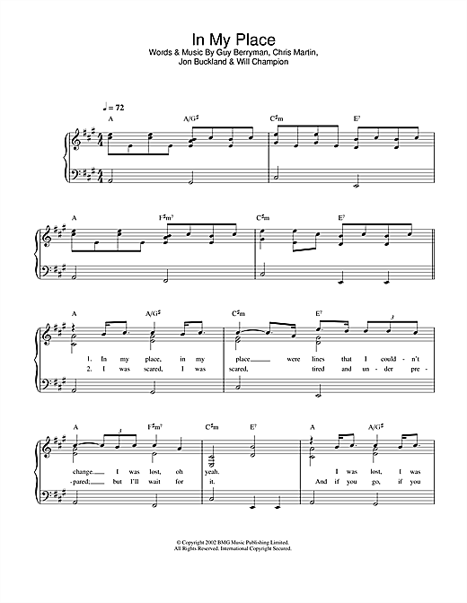 Preview Coldplay In My Place Pop sheet music, notes and chords for Easy Piano, SKU: 32371 sheet music, piano notes, chords, guitar tabs, score, transpose, transcribe, how to play, guide, download, learn, tutorial, progression, song, artist, awards, billboard, mtv, vh1, tour, single, album, release