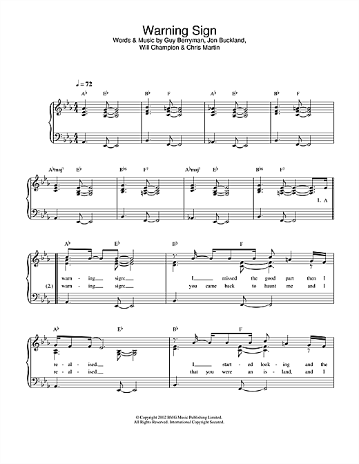 Preview Coldplay Warning Sign Pop sheet music, notes and chords for Easy Piano, SKU: 32372 sheet music, piano notes, chords, guitar tabs, score, transpose, transcribe, how to play, guide, download, learn, tutorial, progression, song, artist, awards, billboard, mtv, vh1, tour, single, album, release