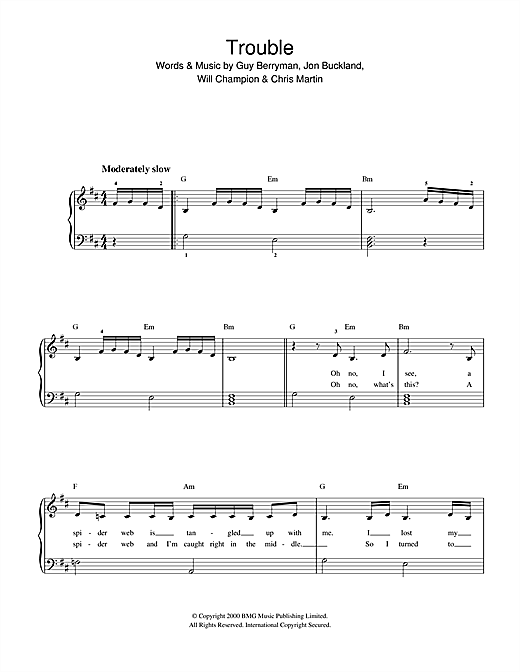 Preview Coldplay Trouble Ballad sheet music, notes and chords for Easy Piano, SKU: 32375 sheet music, piano notes, chords, guitar tabs, score, transpose, transcribe, how to play, guide, download, learn, tutorial, progression, song, artist, awards, billboard, mtv, vh1, tour, single, album, release