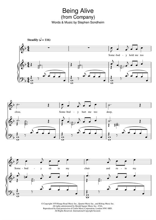 Preview Stephen Sondheim Being Alive (from Company) Musicals sheet music, notes and chords for Piano & Vocal, SKU: 32377 sheet music, piano notes, chords, guitar tabs, score, transpose, transcribe, how to play, guide, download, learn, tutorial, progression, song, artist, awards, billboard, mtv, vh1, tour, single, album, release