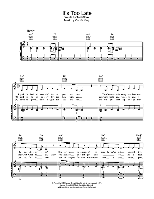 Preview Carole King It's Too Late Pop sheet music, notes and chords for Piano, Vocal & Guitar (Right-Hand Melody), SKU: 32378 sheet music, piano notes, chords, guitar tabs, score, transpose, transcribe, how to play, guide, download, learn, tutorial, progression, song, artist, awards, billboard, mtv, vh1, tour, single, album, release