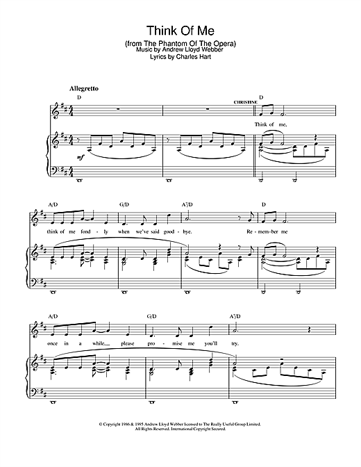 Preview Andrew Lloyd Webber Think Of Me (from The Phantom Of The Opera) Musicals sheet music, notes and chords for Piano, Vocal & Guitar (Right-Hand Melody), SKU: 32379 sheet music, piano notes, chords, guitar tabs, score, transpose, transcribe, how to play, guide, download, learn, tutorial, progression, song, artist, awards, billboard, mtv, vh1, tour, single, album, release