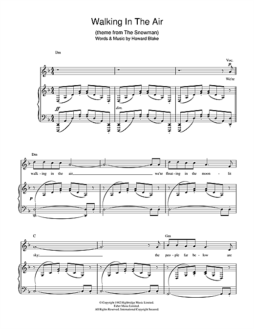 Preview Howard Blake Walking In The Air (theme from The Snowman) Film and TV sheet music, notes and chords for Piano, Vocal & Guitar, SKU: 32380 sheet music, piano notes, chords, guitar tabs, score, transpose, transcribe, how to play, guide, download, learn, tutorial, progression, song, artist, awards, billboard, mtv, vh1, tour, single, album, release