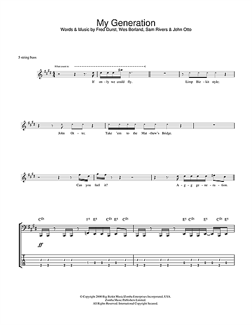 Preview Limp Bizkit My Generation Rock sheet music, notes and chords for Bass Guitar Tab, SKU: 32382 sheet music, piano notes, chords, guitar tabs, score, transpose, transcribe, how to play, guide, download, learn, tutorial, progression, song, artist, awards, billboard, mtv, vh1, tour, single, album, release