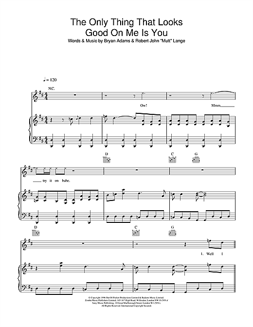 Preview Bryan Adams The Only Thing That Looks Good On Me Is You Rock sheet music, notes and chords for Piano, Vocal & Guitar (Right-Hand Melody), SKU: 32384 sheet music, piano notes, chords, guitar tabs, score, transpose, transcribe, how to play, guide, download, learn, tutorial, progression, song, artist, awards, billboard, mtv, vh1, tour, single, album, release