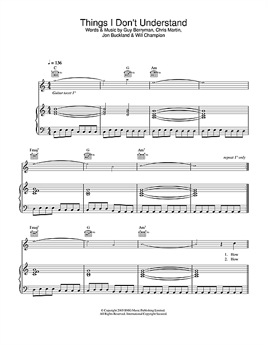Preview Coldplay Things I Don't Understand Rock sheet music, notes and chords for Piano, Vocal & Guitar, SKU: 32389 sheet music, piano notes, chords, guitar tabs, score, transpose, transcribe, how to play, guide, download, learn, tutorial, progression, song, artist, awards, billboard, mtv, vh1, tour, single, album, release