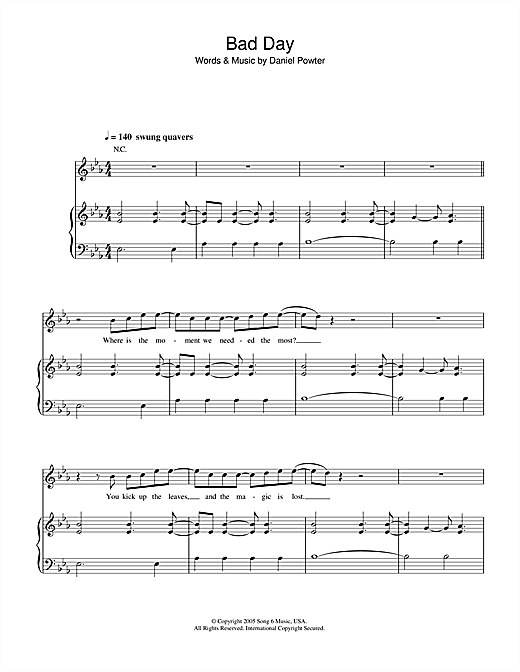 Preview Daniel Powter Bad Day Pop sheet music, notes and chords for Piano, Vocal & Guitar, SKU: 32391 sheet music, piano notes, chords, guitar tabs, score, transpose, transcribe, how to play, guide, download, learn, tutorial, progression, song, artist, awards, billboard, mtv, vh1, tour, single, album, release