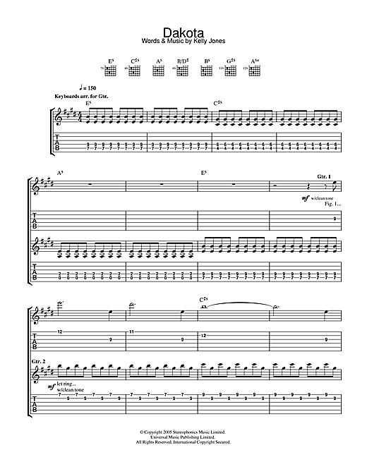 Preview Stereophonics Dakota Rock sheet music, notes and chords for Guitar Tab, SKU: 32393 sheet music, piano notes, chords, guitar tabs, score, transpose, transcribe, how to play, guide, download, learn, tutorial, progression, song, artist, awards, billboard, mtv, vh1, tour, single, album, release