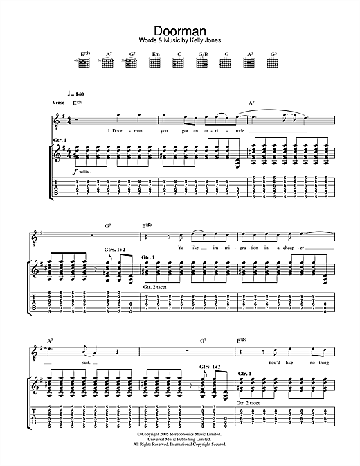 Preview Stereophonics Doorman Rock sheet music, notes and chords for Guitar Tab, SKU: 32394 sheet music, piano notes, chords, guitar tabs, score, transpose, transcribe, how to play, guide, download, learn, tutorial, progression, song, artist, awards, billboard, mtv, vh1, tour, single, album, release
