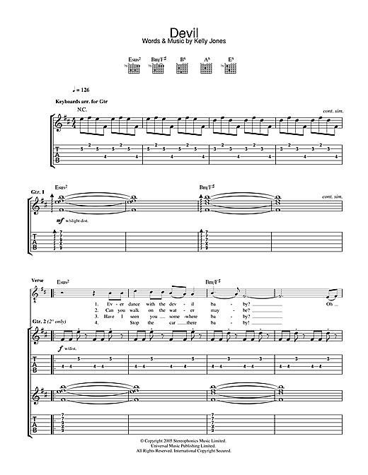 Preview Stereophonics Devil Rock sheet music, notes and chords for Guitar Tab, SKU: 32396 sheet music, piano notes, chords, guitar tabs, score, transpose, transcribe, how to play, guide, download, learn, tutorial, progression, song, artist, awards, billboard, mtv, vh1, tour, single, album, release