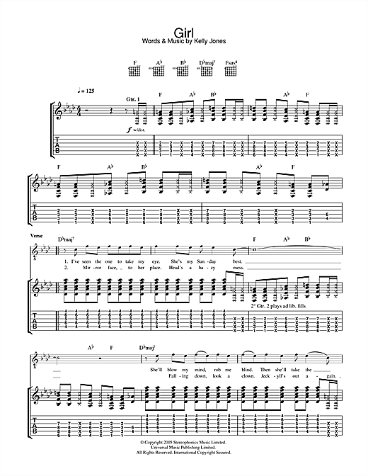 Preview Stereophonics Girl Rock sheet music, notes and chords for Guitar Tab, SKU: 32397 sheet music, piano notes, chords, guitar tabs, score, transpose, transcribe, how to play, guide, download, learn, tutorial, progression, song, artist, awards, billboard, mtv, vh1, tour, single, album, release