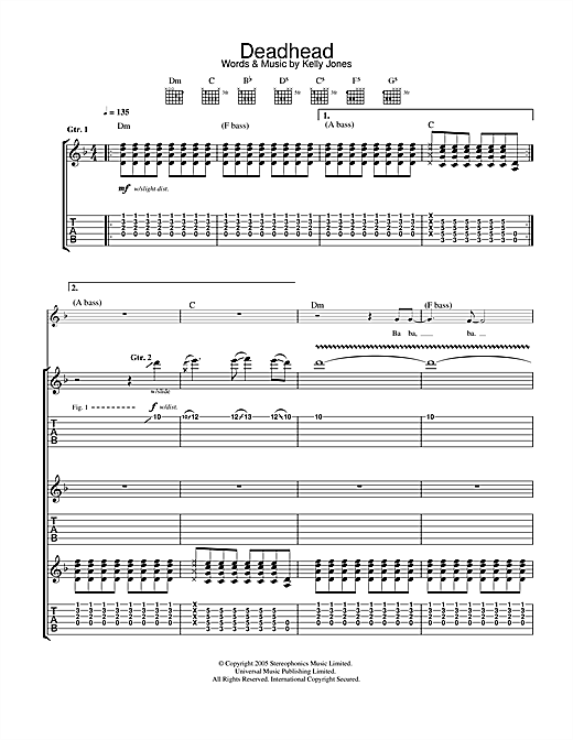 Preview Stereophonics Deadhead Rock sheet music, notes and chords for Guitar Tab, SKU: 32398 sheet music, piano notes, chords, guitar tabs, score, transpose, transcribe, how to play, guide, download, learn, tutorial, progression, song, artist, awards, billboard, mtv, vh1, tour, single, album, release