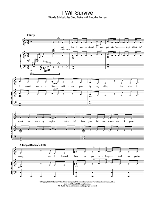 Preview Gloria Gaynor I Will Survive Disco sheet music, notes and chords for Piano & Vocal, SKU: 32400 sheet music, piano notes, chords, guitar tabs, score, transpose, transcribe, how to play, guide, download, learn, tutorial, progression, song, artist, awards, billboard, mtv, vh1, tour, single, album, release
