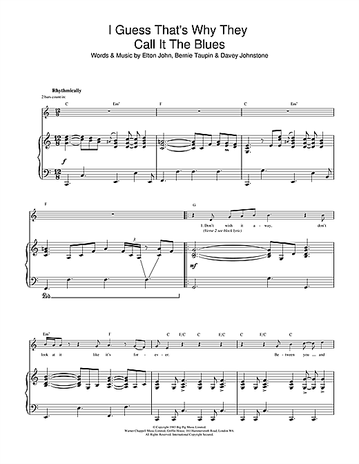 Preview Elton John I Guess That's Why They Call It The Blues Pop sheet music, notes and chords for Piano, Vocal & Guitar, SKU: 32401 sheet music, piano notes, chords, guitar tabs, score, transpose, transcribe, how to play, guide, download, learn, tutorial, progression, song, artist, awards, billboard, mtv, vh1, tour, single, album, release