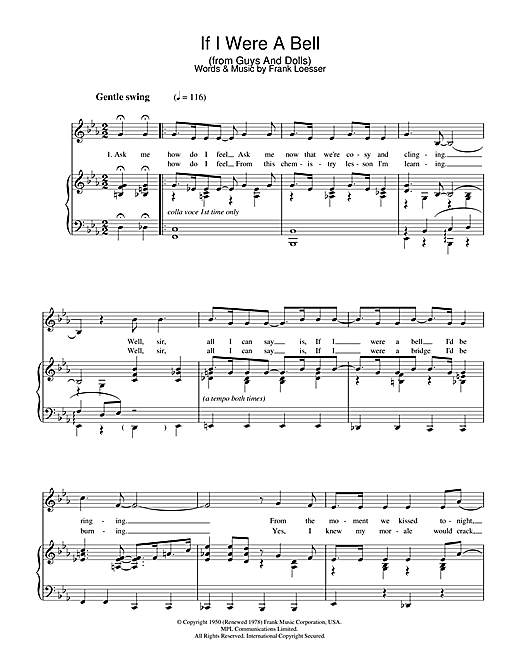Preview Frank Loesser If I Were A Bell (from Guys and Dolls) Musicals sheet music, notes and chords for Piano & Vocal, SKU: 32402 sheet music, piano notes, chords, guitar tabs, score, transpose, transcribe, how to play, guide, download, learn, tutorial, progression, song, artist, awards, billboard, mtv, vh1, tour, single, album, release