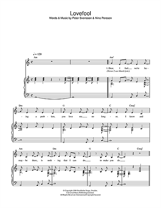Preview The Cardigans Lovefool Rock sheet music, notes and chords for Piano & Vocal, SKU: 32403 sheet music, piano notes, chords, guitar tabs, score, transpose, transcribe, how to play, guide, download, learn, tutorial, progression, song, artist, awards, billboard, mtv, vh1, tour, single, album, release