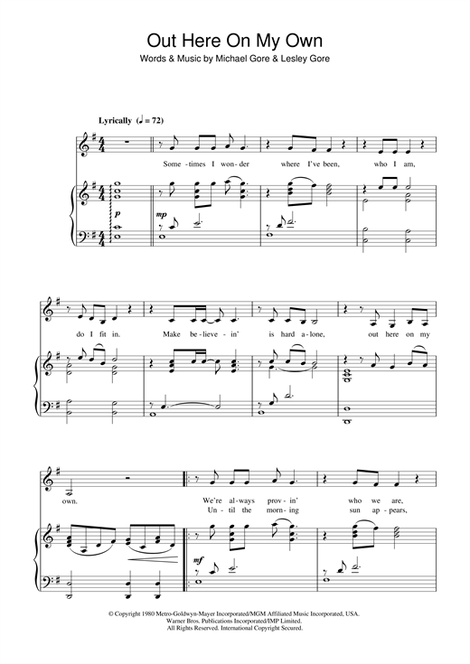 Preview Irene Cara Out Here On My Own (from Fame) Film and TV sheet music, notes and chords for Piano & Vocal, SKU: 32404 sheet music, piano notes, chords, guitar tabs, score, transpose, transcribe, how to play, guide, download, learn, tutorial, progression, song, artist, awards, billboard, mtv, vh1, tour, single, album, release