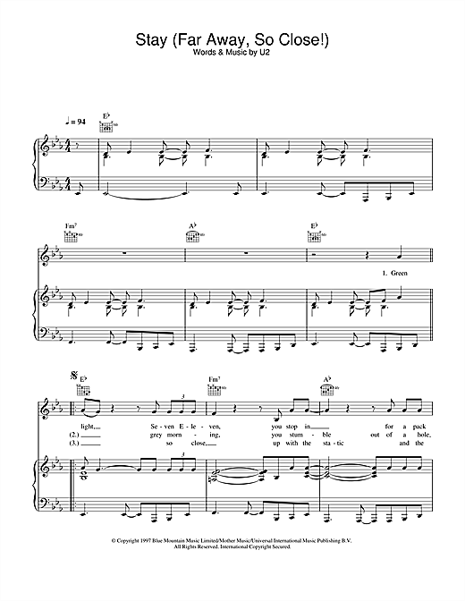 Preview U2 Stay (Faraway, So Close!) Rock sheet music, notes and chords for Piano, Vocal & Guitar (Right-Hand Melody), SKU: 32407 sheet music, piano notes, chords, guitar tabs, score, transpose, transcribe, how to play, guide, download, learn, tutorial, progression, song, artist, awards, billboard, mtv, vh1, tour, single, album, release