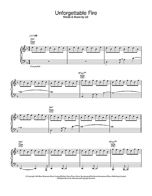 Preview U2 The Unforgettable Fire Rock sheet music, notes and chords for Piano, Vocal & Guitar (Right-Hand Melody), SKU: 32409 sheet music, piano notes, chords, guitar tabs, score, transpose, transcribe, how to play, guide, download, learn, tutorial, progression, song, artist, awards, billboard, mtv, vh1, tour, single, album, release