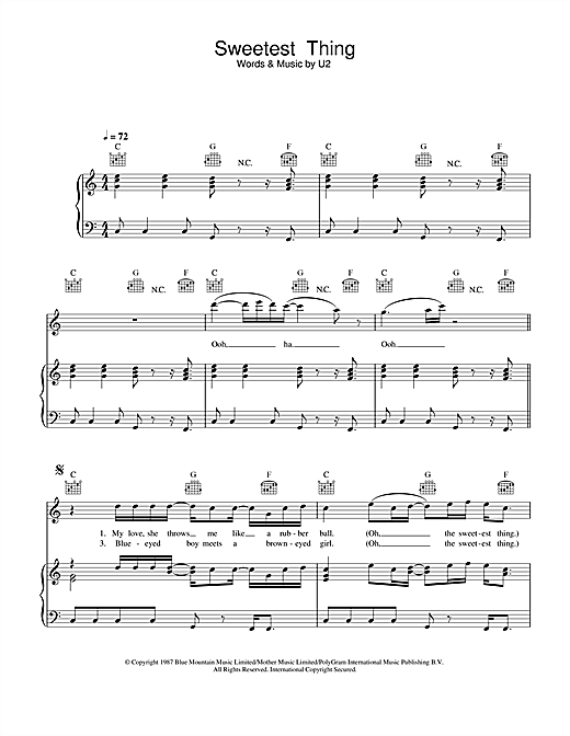 Preview U2 Sweetest Thing Rock sheet music, notes and chords for Piano, Vocal & Guitar (Right-Hand Melody), SKU: 32410 sheet music, piano notes, chords, guitar tabs, score, transpose, transcribe, how to play, guide, download, learn, tutorial, progression, song, artist, awards, billboard, mtv, vh1, tour, single, album, release