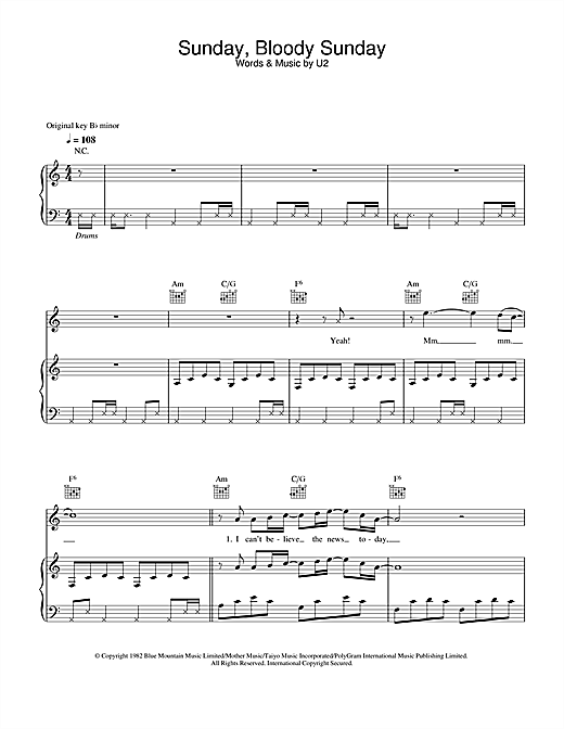 Preview U2 Sunday Bloody Sunday Rock sheet music, notes and chords for Piano, Vocal & Guitar (Right-Hand Melody), SKU: 32411 sheet music, piano notes, chords, guitar tabs, score, transpose, transcribe, how to play, guide, download, learn, tutorial, progression, song, artist, awards, billboard, mtv, vh1, tour, single, album, release