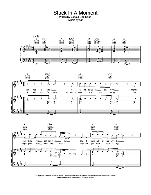 Preview U2 Stuck In A Moment You Can't Get Out Of Rock sheet music, notes and chords for Piano, Vocal & Guitar (Right-Hand Melody), SKU: 32412 sheet music, piano notes, chords, guitar tabs, score, transpose, transcribe, how to play, guide, download, learn, tutorial, progression, song, artist, awards, billboard, mtv, vh1, tour, single, album, release