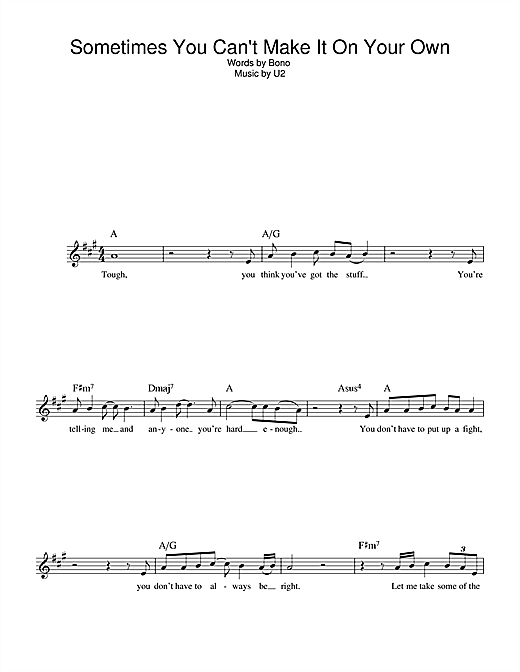 Preview U2 Sometimes You Can't Make It On Your Own Rock sheet music, notes and chords for Melody Line, Lyrics & Chords, SKU: 32413 sheet music, piano notes, chords, guitar tabs, score, transpose, transcribe, how to play, guide, download, learn, tutorial, progression, song, artist, awards, billboard, mtv, vh1, tour, single, album, release