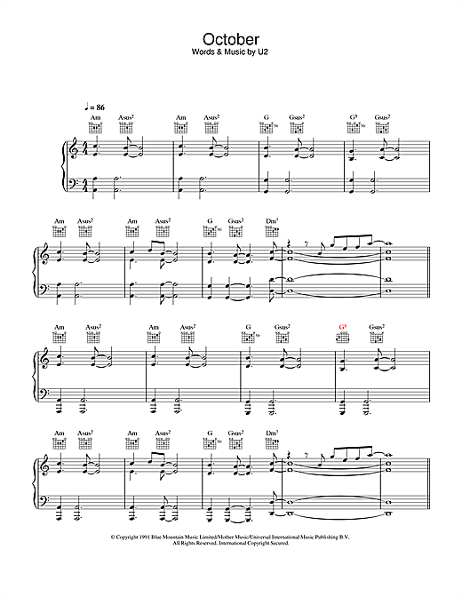 Preview U2 October Rock sheet music, notes and chords for Piano, Vocal & Guitar (Right-Hand Melody), SKU: 32414 sheet music, piano notes, chords, guitar tabs, score, transpose, transcribe, how to play, guide, download, learn, tutorial, progression, song, artist, awards, billboard, mtv, vh1, tour, single, album, release