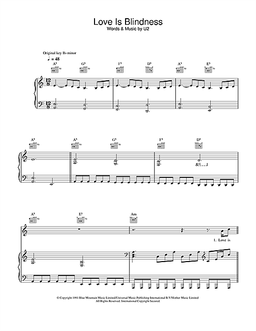 Preview U2 Love Is Blindness Rock sheet music, notes and chords for Piano, Vocal & Guitar (Right-Hand Melody), SKU: 32415 sheet music, piano notes, chords, guitar tabs, score, transpose, transcribe, how to play, guide, download, learn, tutorial, progression, song, artist, awards, billboard, mtv, vh1, tour, single, album, release